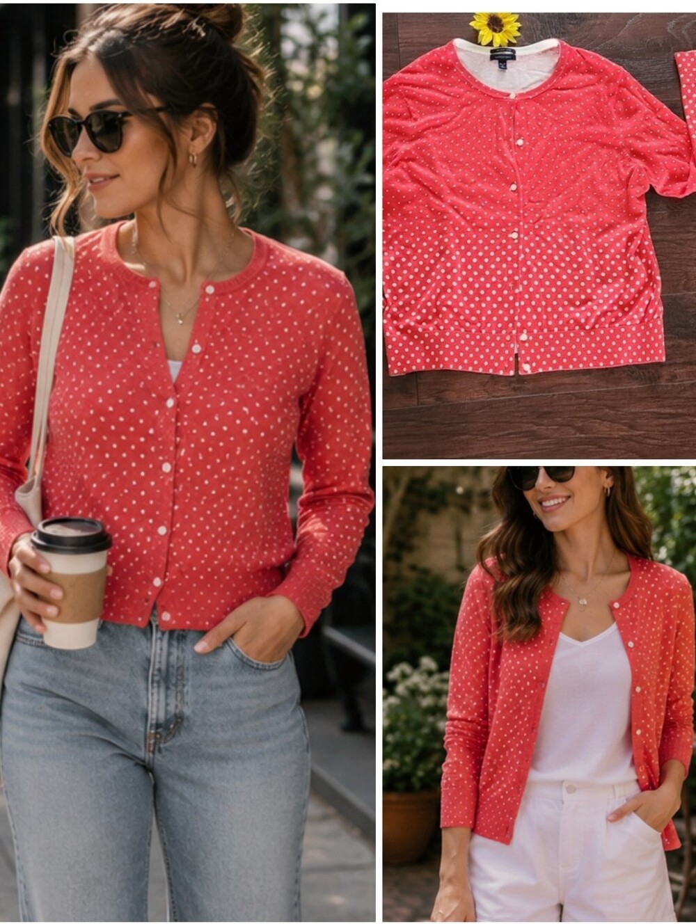 Lands End Supima Crew Print Cardigan Sweater Sahara Desert Dot